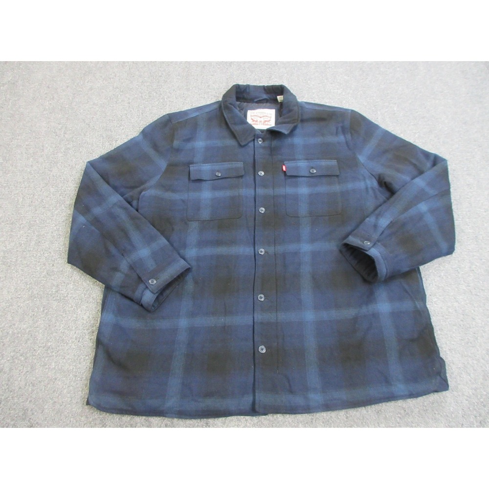 Levis Shirt Jacket Mens 3XL Blue‎ Black Plaid Quilted Lined Flannel Button Front